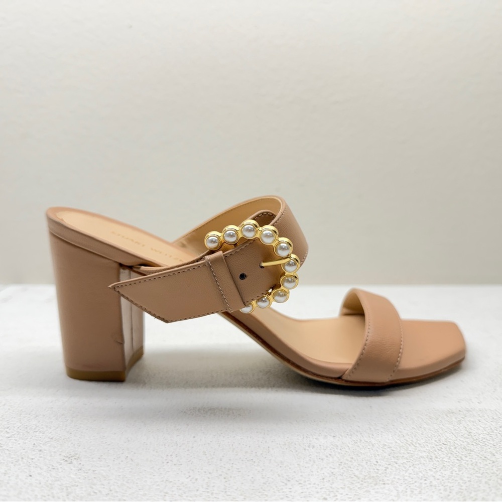 Stuart Weitzman Piper 75 Faux Pearl Embellished Leather Block Heel Sandals, 6.5